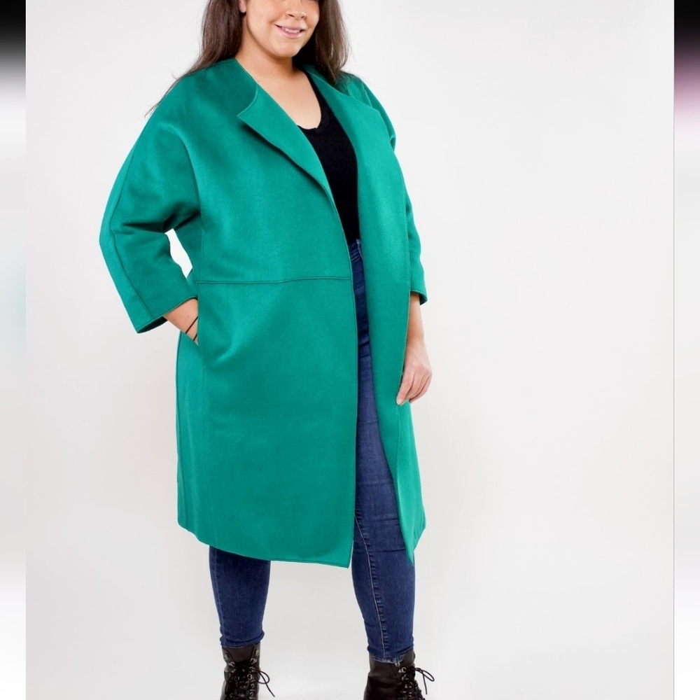 Diane Von Furstenberg Kelly Green Wool Blend 3/4 Sleeve Open Front Coat Size Lg